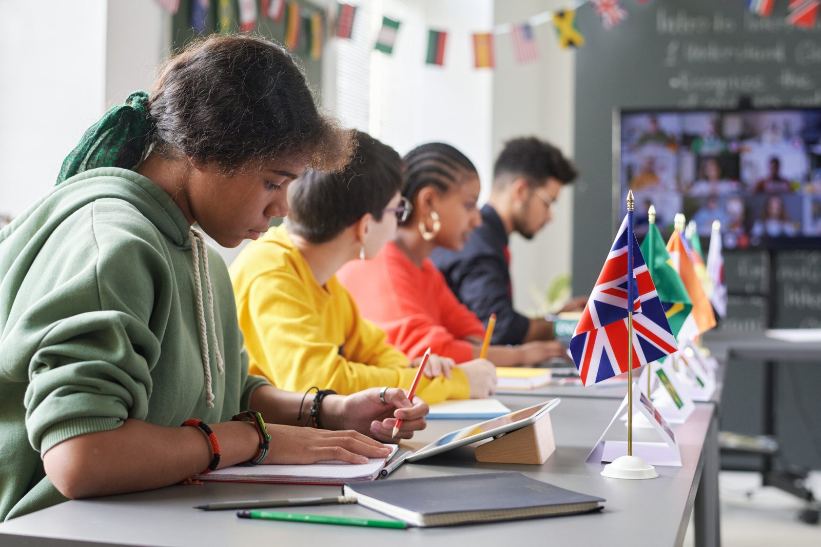 Row of Multicultural Students in Class Side view at diverse group of students sitting at table with country flags during international conference in school
